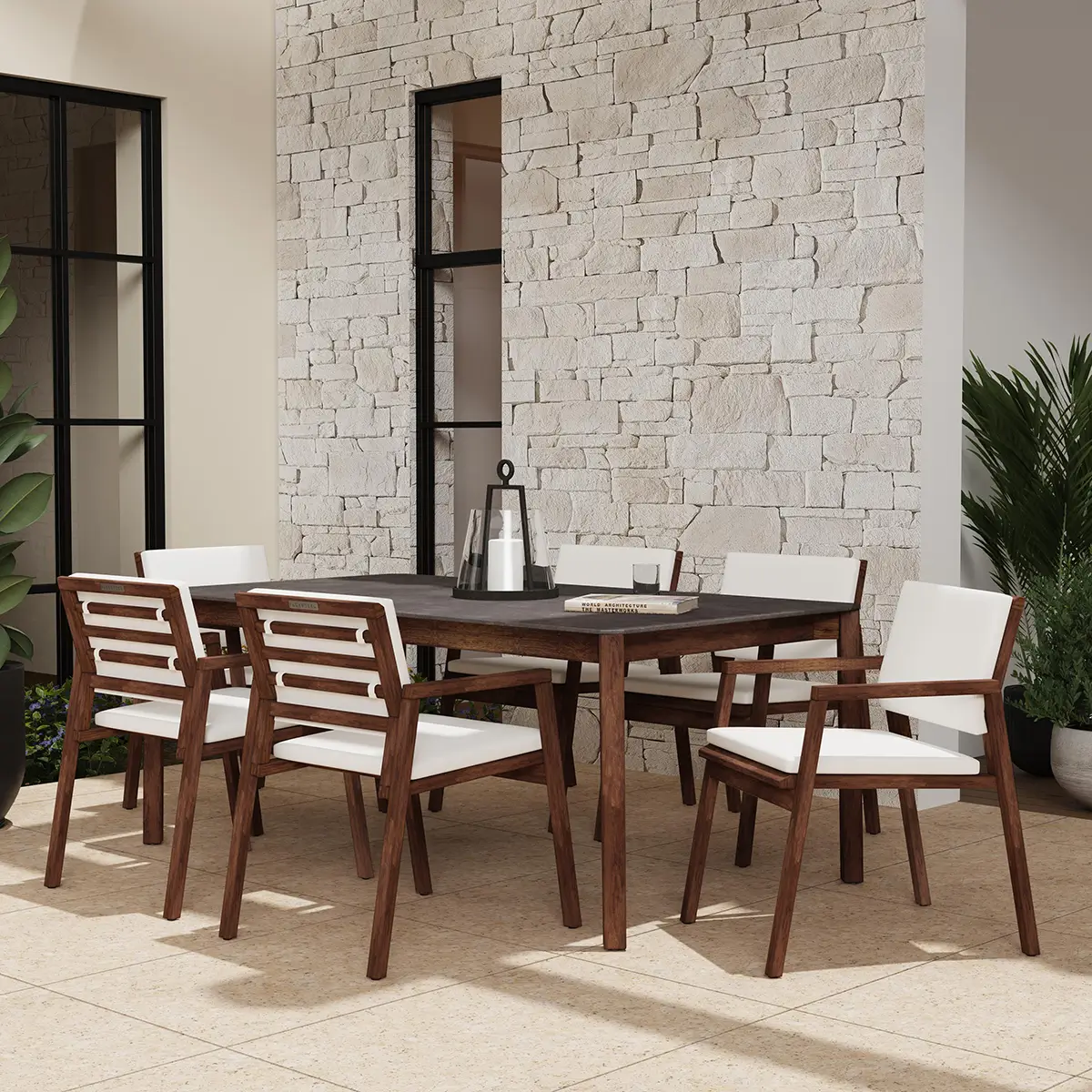 Outdoor dining scene with Flexsteel furniture