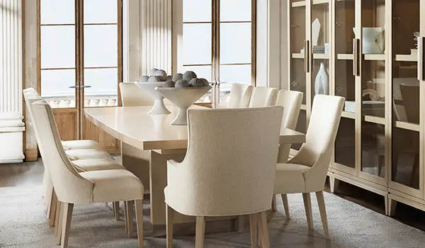 Westwood collection dining room with a light oak table and upholstered chairs